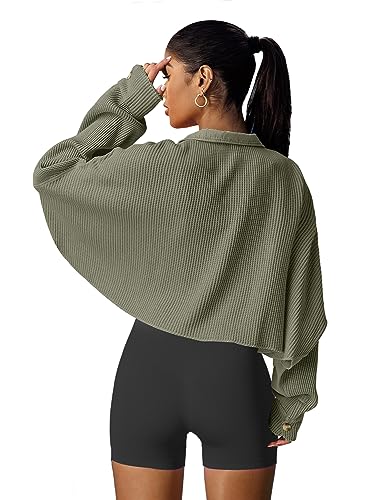 Image of Panadila Women's Cropped Waffle Knit Shacket Short Button Down Jacket Batwing Sleeve Shirts with Pocket