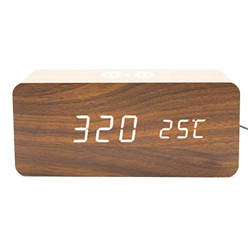 pnxq88 - Réveil-matin avec chargeur sans fil Qi - Réveil-matin numérique LED, en bois, avec date et contrôle de la voix - Réveil-matin multifonction, pour iPhone et Samsung Cover