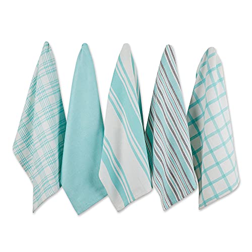 DII Assorted Woven, Kitchen Dishtowel Set, 18x28, Aqua, 5 Piece