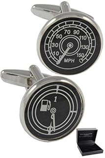 Gemelli Camicia Uomo Auto - Con Scatola - Sportivo - Tachimetro e Benzina - Ottone - Perfetto per gli Appassionati di Auto - Colori Nero Bianco e Argento - Un Paio