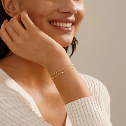 Turandoss Gold Bracelets for Women, Dainty 14K Gold Plated Fashion Clover Heart Cross Butterfly Double Layered Stackable Bracelets Set, Birthday Gifts for Wife Mom Teen Girls Jewelry2