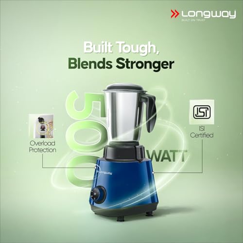 Image of Longway Super Pro Mixer Grinder | 500 Watt Powerful Motor | 3 Jars for Grinding, Mixing, Juicing | 2 Years Warranty (Blue & Black)