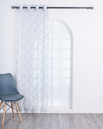 Image of (7 Ft Embroidered Tissue Curtain | Small Leaf Floral Design Grommet Curtains Window Curtain |Vintage Classical Floral Print | For Home | White & Grey(Pack Of 1) | 213 L X 121 W Centimeters