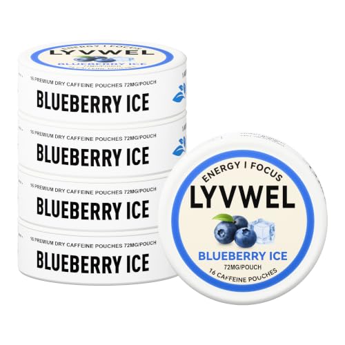 Image of LyvWel 72mg Caffeine Energy Pouches - Blueberry Ice - Frosted Berry Energy with Guarana - 5-Pack (80 Total Pouches)