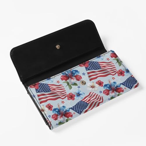 Image of AFPANQZ American Flag Flower Women's Leather Wallet Women Wallets, Soft Leather Trifold Large Capacity Ladies Travel Purse Dust Resistnt Wallet