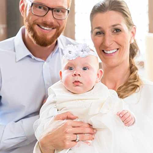 6 Pcs White Baptism Headband for Baby Girl Toddler Elastic Chiffon Flower Crystal Lace Headbands Christening White Baby Baptism Headband Gifts Birthday Baby Shower Party(Elegant Style) 7