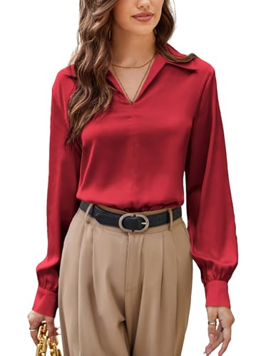 Womens Blouses Business Casual Outfits Fall Fashion Work Blouse Silk Professional Shirts Red L