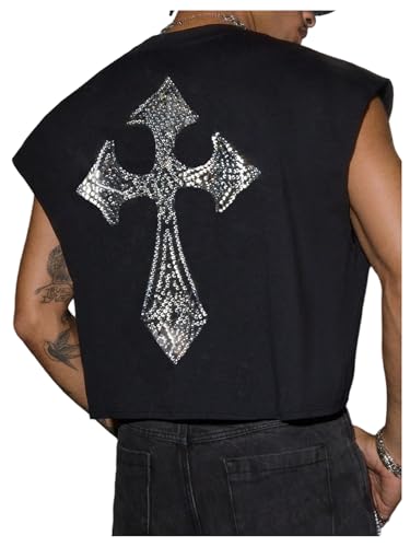 BEAUDRM Men's Y2k Cross Rhinestone Tank Top Sleeveless Crew Neck Summer Casual Tops Streetwear Black Medium