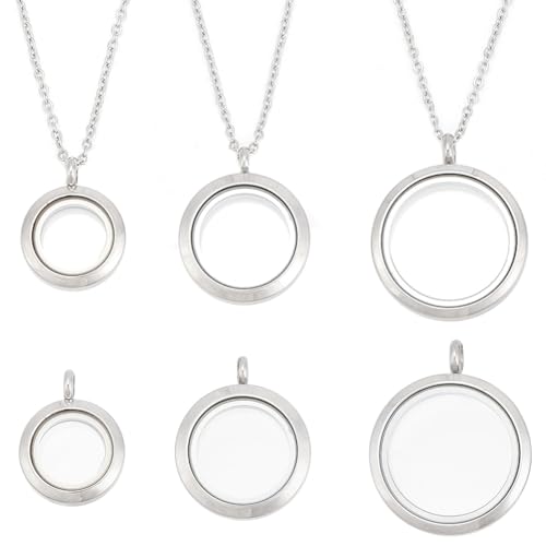 DELORIGIN 3pcs Round Photo Charms Necklace with 17.7inch Chain 3 Size Stainless Steel Locket Pendants Crystal Double-Sided Frame Living Floating Memory Lockets Charm for Bridal Wedding Photo