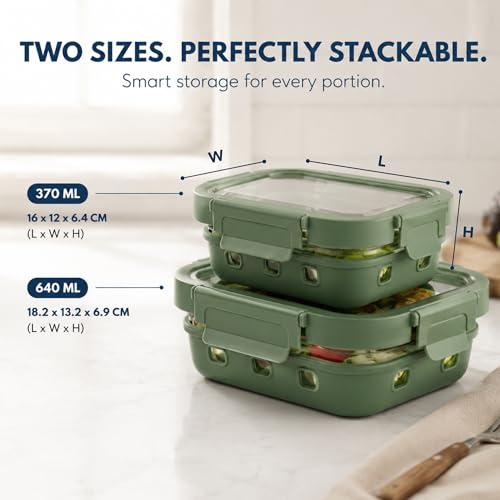 Image of Griplok Glass Lunch Box with Leakproof Lid, Borosilicate Food Storage Container with Silicone Sleeve, Airtight, Microwave /Dishwasher Safe (Forest Green, 2x370ml + 1x640ml)