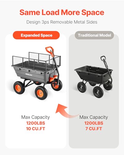 Image of VEVOR 10 Cu.Ft 1200LBS Poly Garden Cart Dump Wagon, Heavy Duty Wheelbarrow with Convertible Handle and 13 inch Flat Free Tires, Outdoor Yard Wagon ATV Trailer Dump Cart Tow Behind for Lawn Mower Tractor