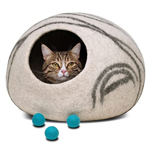 Meowfia Premium Felt Cat Bed Cave (Light Grey/Large) and Wool Bal...
