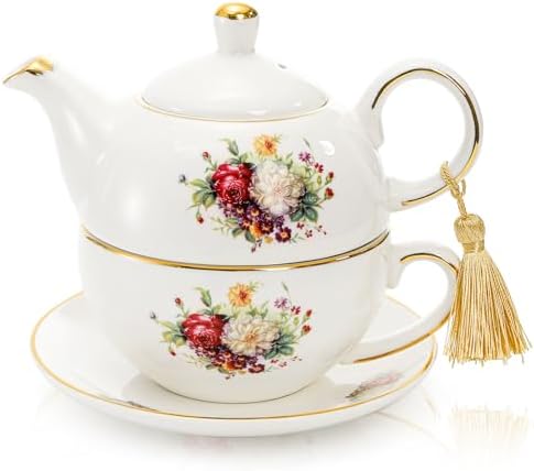 Tea for One with Tassel, 16 OZ Ceramic Teapot Set, Floral Tea Pot...