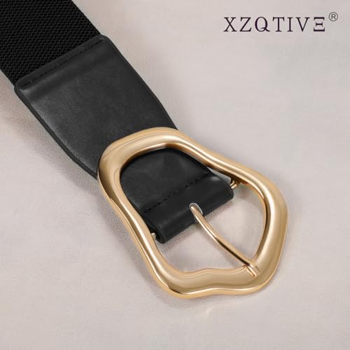 XZQTIVE Women Wide Elastic Waist Belt for Dresses Fashion Big Gold Buckle Stretchy Leather Waistband for Ladies4