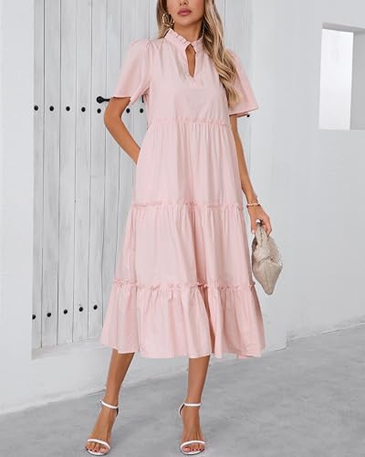 Image of YEXPINE Women's V Neck Tiered Midi Dress Casual Short Sleeve Ruffle Flowy Summer Beach Vacation Long Dress