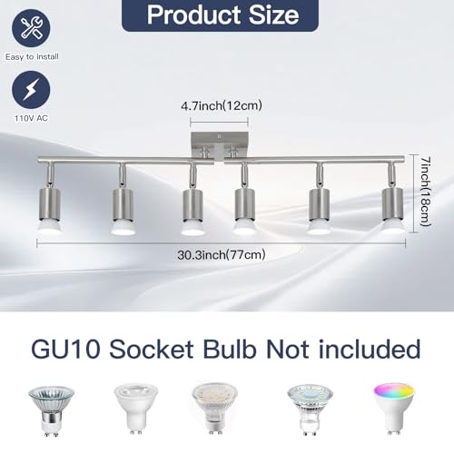 Image of 6-Light Nickel Kitchen Track Lighting, Adjustable GU10 Ceiling Light Fixture with Rotatable Heads, Modern Led Track Light for Kitchen, Dining Room, Hallway (Bulbs Not Included)