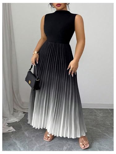 Image of SOLY HUX Women's Plus Size Summer Ombre Sleeveless Flowy Maxi Dress | Birthday, Pleated A Line, Mock Neck, Formal Outfits,Cocktail, Wedding, Graduation