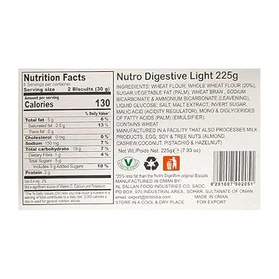 Britannia Nutro Digestive Light Biscuits 7.93oz (225g) - Whole Wheat Flavor Cookies - Breakfast & Tea Time Healthy Snacks (Pack of 4)