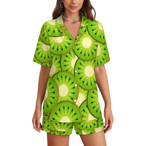 [XingFox] Kiwi Fruit Red Stripe Pattern Women's Pajamas Sets Short Sleepwear V Neck Loungewear
