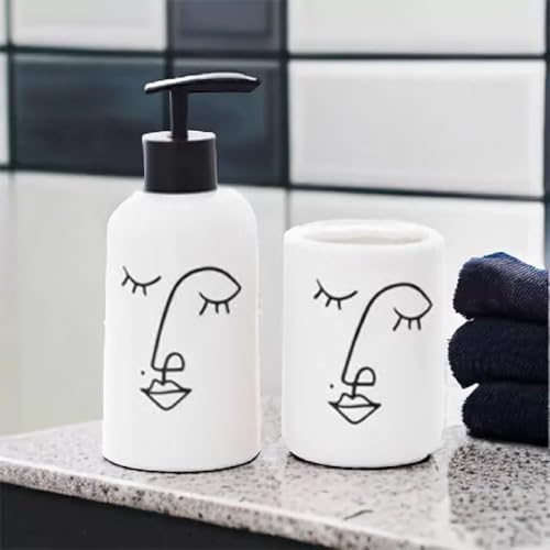 Kit Jogo Banheiro 2 Peças Porcelana Porta Escova e Sabonete Liquido Faces 320ml - Wincy