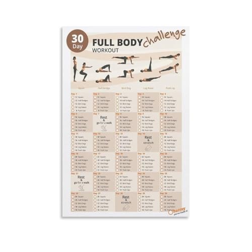 Home Gym Decor Workout Poster 30 Day Full Body Challenge Fitness Plan No Equipment Required Motivational Wall Art for Men Women 