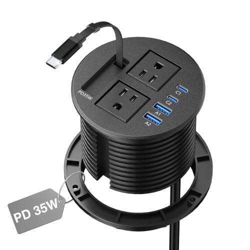 3 1/4" Tomas de Escritorio con Cable Retráctil 35W 2 USB C, 2 Tomas