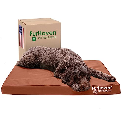 Image of Furhaven Water-Resistant Orthopedic Dog Bed for Large /Medium Dogs w / Removable Washable Cover, For Dogs Up to 55 lbs - Indoor /Outdoor Logo Print Oxford Polycanvas Mattress - Chestnut, Large