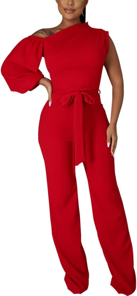 JTNFairy Women's Summer One Shoulder Dressy Stretchy Jumpsuit Casual High Waist Wrap Jumpsuit with Pockets - Image 4