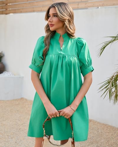 Image of YEXPINE Women's Ruffle Collar High Neck Mini Dress Puff Short Sleeve Cotton Babydoll Peplum Dresses with Pockets