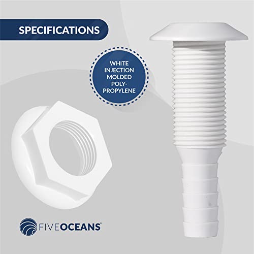 Five Oceans Fo1866 White Straight Thru-Hull Fitting Connection For Hose, 1/2 Inches, Injection Molded Polypropylene, Barbed, Resist Harsh Conditions #TOP2