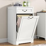 Loomie Tilt Out Laundry Hamper Cabinet, Hidden Laundry Cabinets with Drawer & Laundry Basket, 15 Gallon Trash Can Cabinet, Garbage Can Bin Cabinets for Bathroom,Kitchen (White, Single)