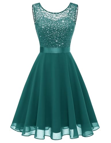 Berylove Cocktailkleid s Glitzer Kleid Festlich Knielang Brautjungfernkleider Kurz Kleid Damen Festlich Knielang Moderne Kleider Damen Elegant BLP7005XP PeacockGreen XS