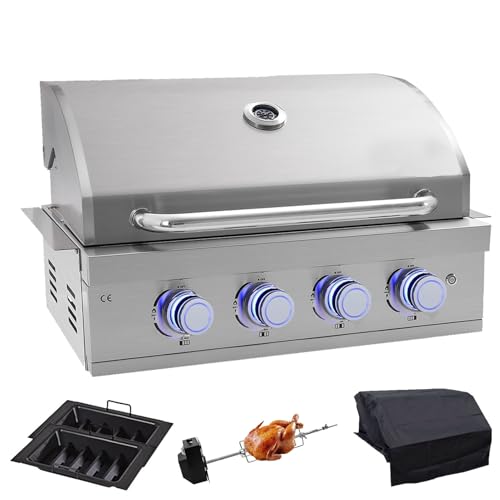 FDSAG 28-Inch Built-In Gas Grill 4 Burner with Rear Burner 48,400 BTU Dual Fuel Propane Charcoal Stainless Steel for Outdoor Kitchen Island