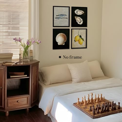 Image of WEFKODO Vintage Beach Shell Sardine Lemon Wall Art Painting Picture Prints, Coastal Room Beach Wall Decor Posters 4Pcs, Beachy Decor for Home Living Room Bathroom Farmhouse, 8x10 Unframed