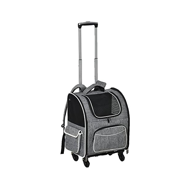 PawHut Hundetrolley Transporttasche Trolley für Hund und Katzen 2-in-1 Haustierrucksack Hundetasche mit Tür und Fenster atmungsaktiv Oxfordstoff Grau 43 x 33 x 51,5 cm