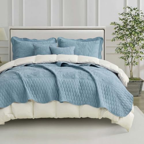 Image of Bedspread oversized King 120x118,Beautiful Leaf Stitching,5 PC, Ashley Blue
