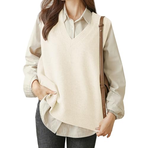 Image of Wowcarbazole Womens V Neck Sweater Vest Casual Ribbed Knitted Sleeveless Trendy Pullover Tank Tops Fall