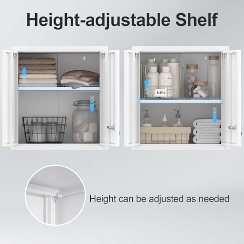 Image of Office Wall Cabinet, Morden 2 Doors Hanging Storage with Adjustable Shelves, Locking Cabinet with Keys, Small Ofiice Storage for School, Home, White