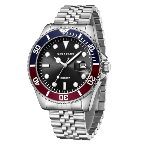 Image of GIORDANO Analog Quartz Watch for Men - Round Dial with Rotating Bezel, Luminous Hour Markers, Stainless Steel Strap & Date Display