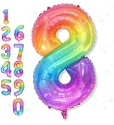 Foil 8 Balloon, Pastel Rainbow Number 8 Balloons for Boys Birthday Party Decor, 40'' Mylar Helium...