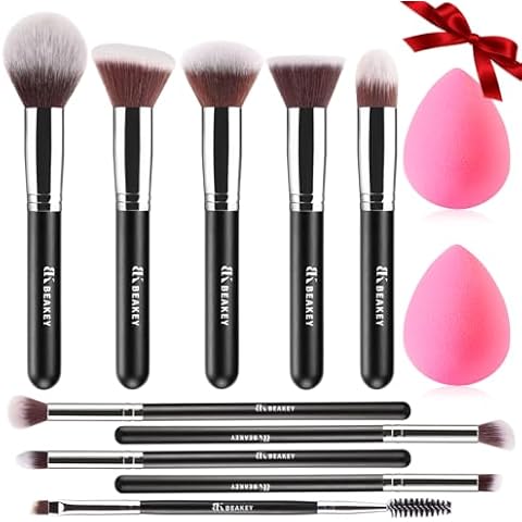 BEAKEY Makeup Brushes Set, Professional Foundation Eyeshadow Concealer Blush Powder Bronzer Applicator, 2 Blender Sponge wit Beauty Paper Case, valentines day gifts for her Cover