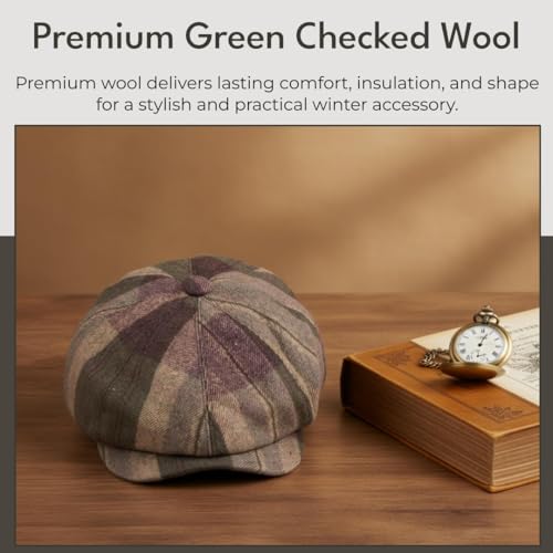Image of The Tie Hub Wool Flat Cap for Men, Premium Wool Warmth, Vintage Baker's Boy Silhouette, Distinctive Checked Pattern, Green, M