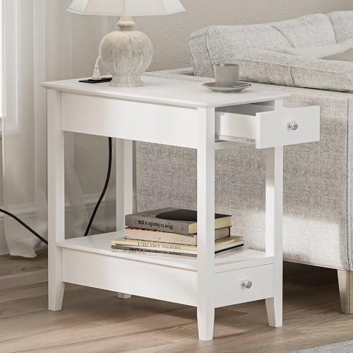 Image of Treocho Side Table with Charging Station, Narrow End Table with Storage, 2-Drawer Nightstand with Power Outlet, White Table Bedside Sofa for Small Spaces, Living Room, Bedroom