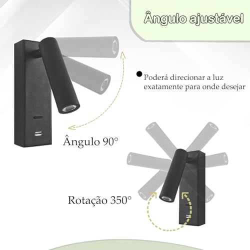 3 Arandela Cabeceira Leitura Led 3w Usb Interruptor Bet68