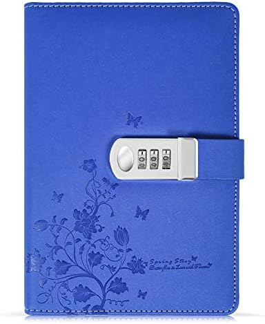 koboomeA5 Creative Password Lock Journal PU Leather Combination Lock Diary Digital Password Notebook Locking Personal Diary (Blue 2)