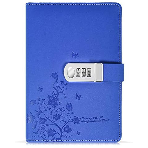 koboome A5 Creative Password Lock Journal PU Leather Combination Lock Diary Digital Password Notebook Locking Personal Diary (Blue 2) Cover