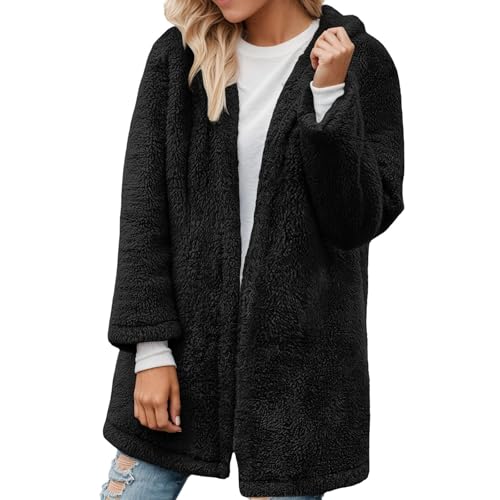 Veste polaire longue à capuche et cardigan ouvert chaud pour femme
