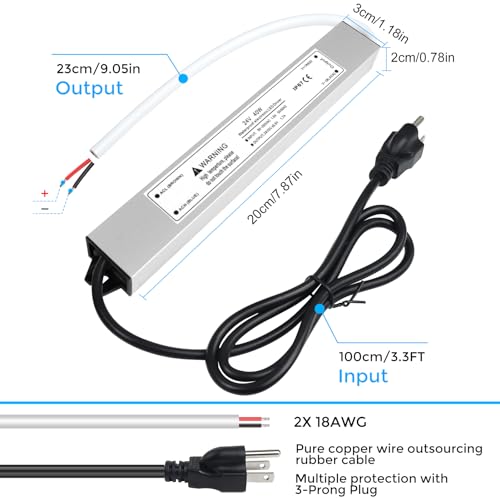 Image of LightingWill LED Driver 40 Watts Waterproof IP67 Power Supply Transformer, 90-260V AC to 24V DC Low Voltage Output, Adapter with 3-Prong Plug 3.3 Feet Cable for Outdoor Use, Computer Project