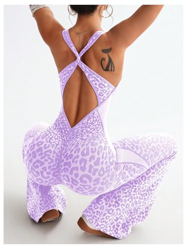 Image of Verdusa Women's Cheetah Print Workout Sets Yoga Jumpsuit Criss Cross Sleeveless Work Out Clothes Flared Pants Jumpsuits