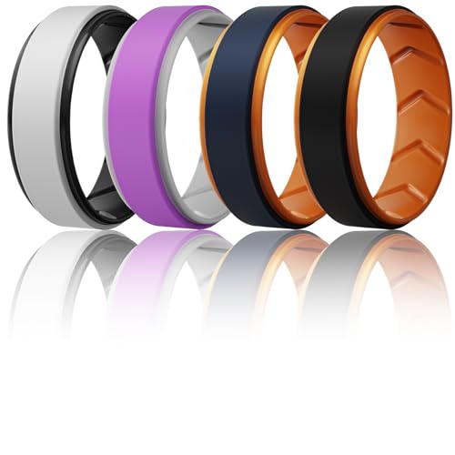 Silicone Wedding Rings for Men 1/4/5/6/7 Multipack of Breathable Airflow Inner Grooves,Step Edge Sleek Design Rubber Engagement Bands 8.5mm Wide 2mm Thick
